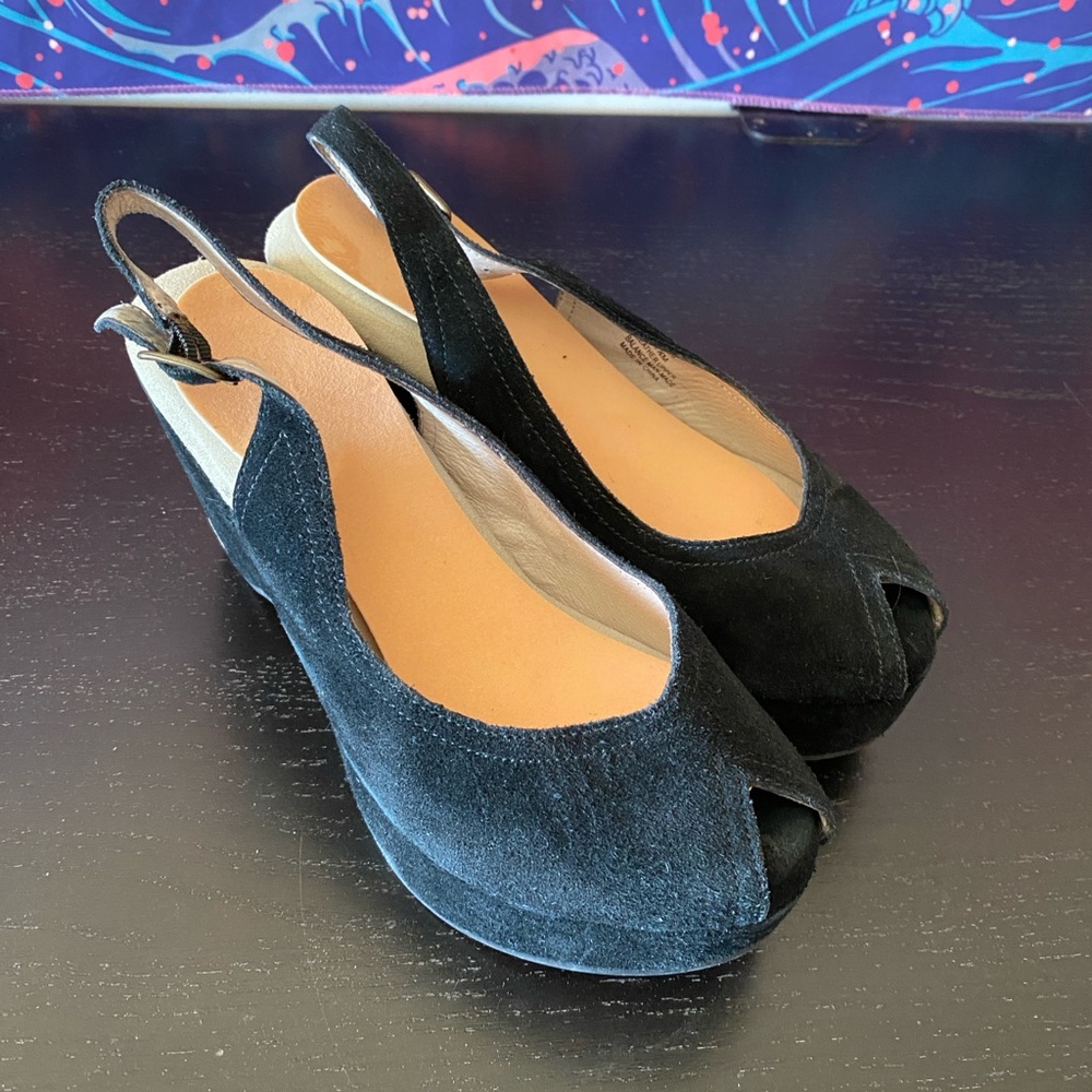 Bloomingdale's Black Suede Peep-Toe Wedge Sandals - Picture 2 of 7